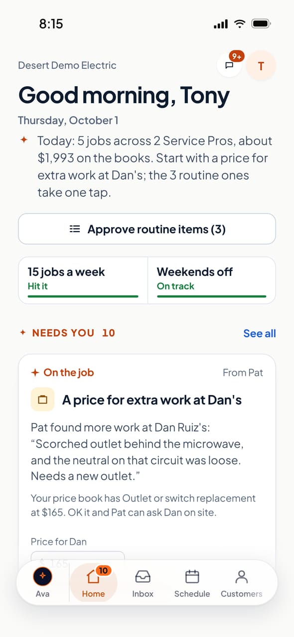 The Aestar app on a phone, open on Today: Ava sums up the day, a button to approve the routine items, the owner's goals and what needs an answer first. Example shop.