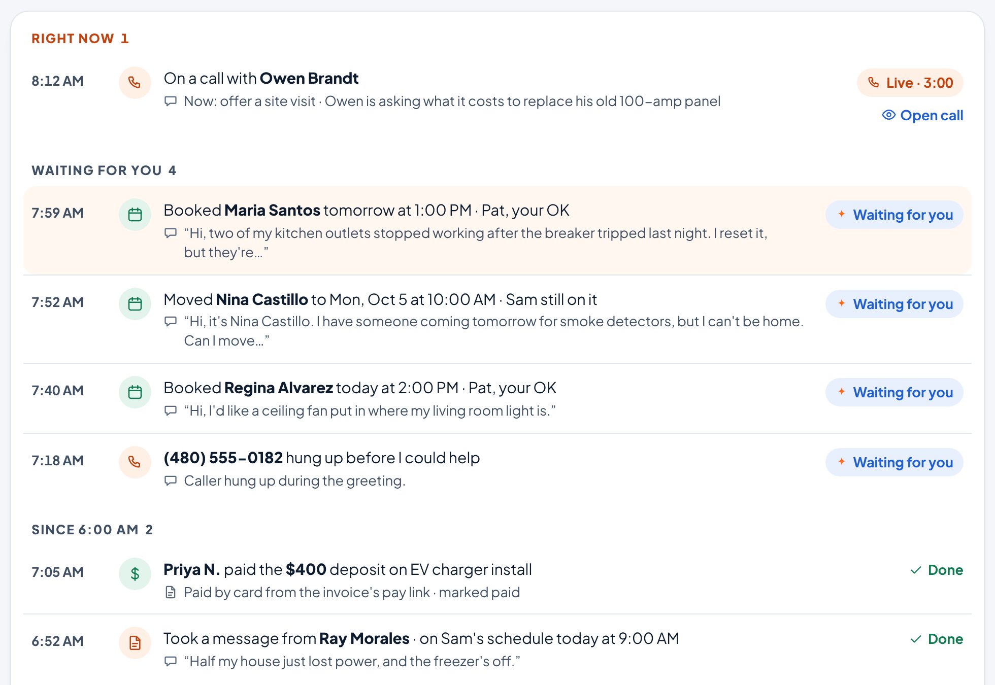 Ava’s activity in the Aestar app: the call she's on now; Maria Santos's and Regina Alvarez's bookings, Nina Castillo's move and a hang-up, waiting for your OK; and since 6:00 AM, Priya's $400 deposit came in and Ava took Ray Morales's message. Example shop.