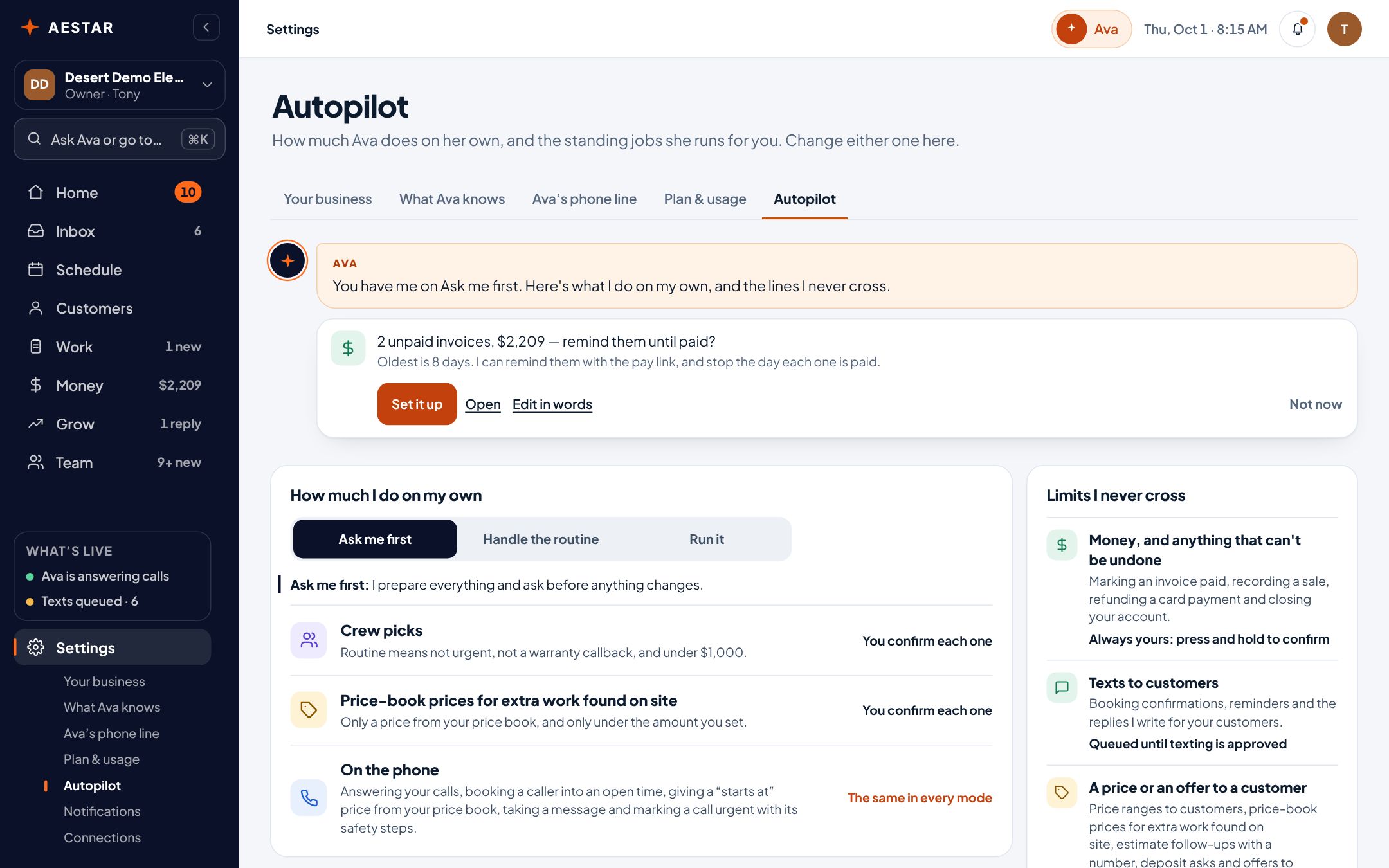 The Aestar app on a computer: Autopilot, where Ava offers to remind two unpaid invoices, $2,209 in all, until each one is paid, with Set it up and Not now, above how much she does on her own and the limits she never crosses. Example shop.