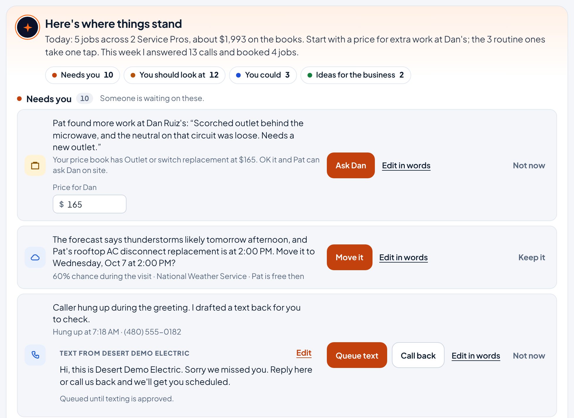 Needs you in the Aestar app: Ava's summary of the day, 5 jobs across 2 Service Pros and about $1,993 on the books, then the 10 things waiting on you, most important first: a price for extra work Pat found at Dan Ruiz's, moving a rooftop job out of tomorrow's storm, and a text back to a caller who hung up, queued until texting is approved. Example shop.