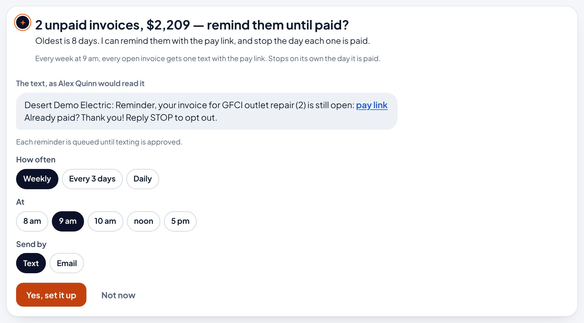 Ava's offer in the Aestar app: 2 unpaid invoices, $2,209, remind them until paid? With the text as Alex Quinn would read it, choices for how often, what hour and text or email, and Yes, set it up. Example shop.