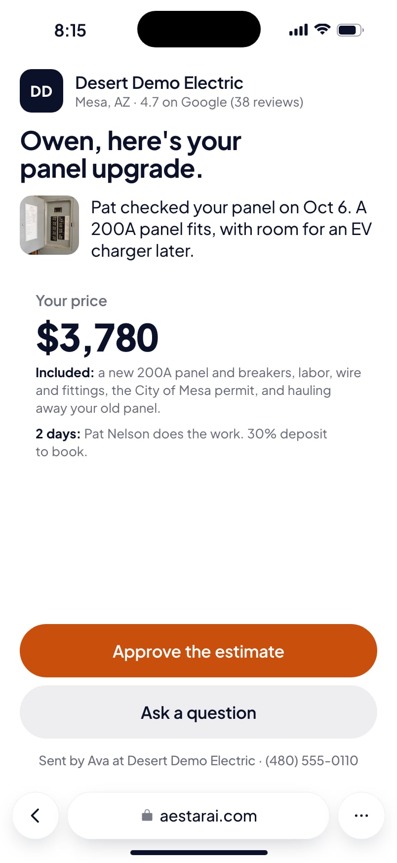 A customer's estimate page on an iPhone: Owen's 200A panel upgrade for $3,780, with Approve the estimate. Example shop.