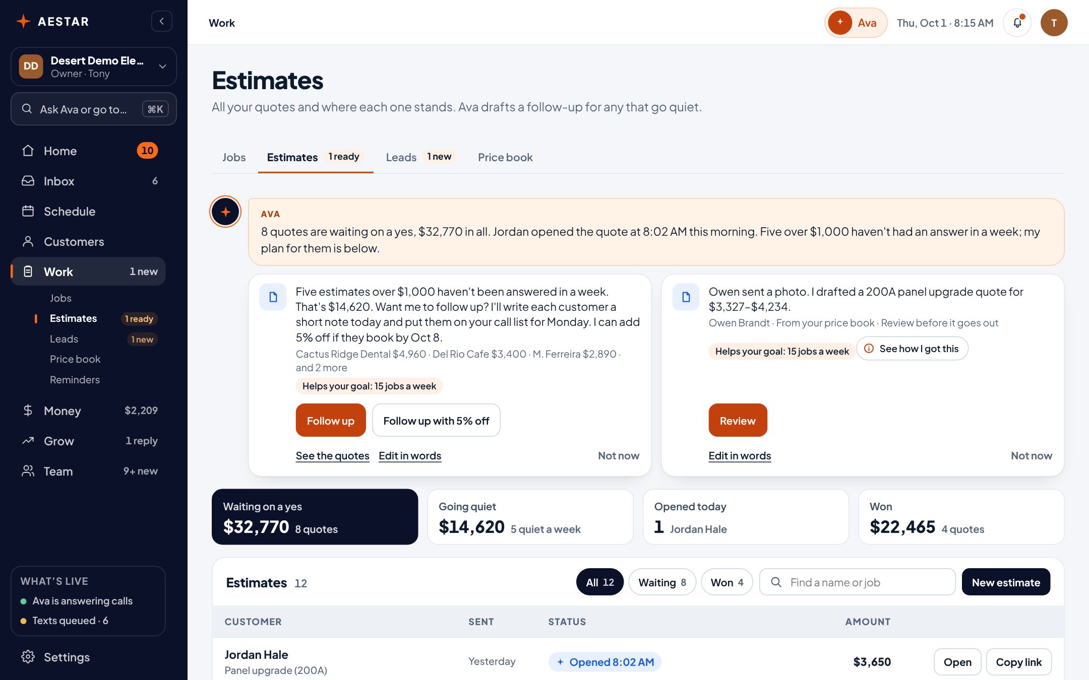 The Aestar app on a computer: Estimates. 8 quotes wait on a yes, $32,770 in all; Ava offers to follow up on the five over $1,000 that went quiet, and drafted a 200A panel upgrade quote from Owen's photo, $3,327 to $4,234, for you to review. Example shop.