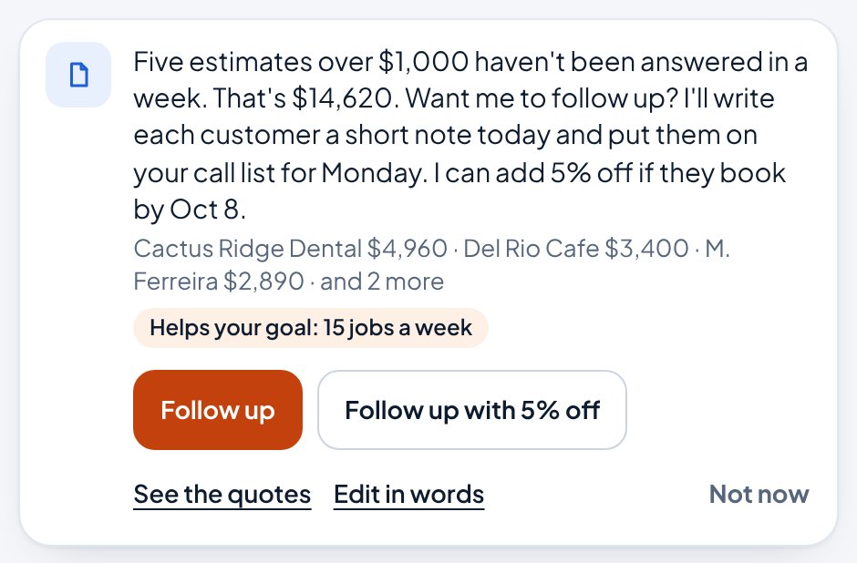 Ava's follow-up offer in the Aestar app: five estimates over $1,000 haven't been answered in a week, $14,620 in all, with the biggest named and buttons to follow up, with or without 5% off. Example shop.