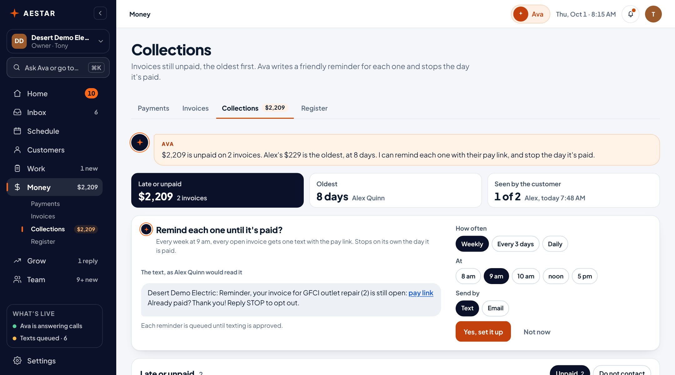 The Aestar app on a computer: Collections, where Ava offers to remind two unpaid invoices, $2,209, once a week until each is paid. Example shop.