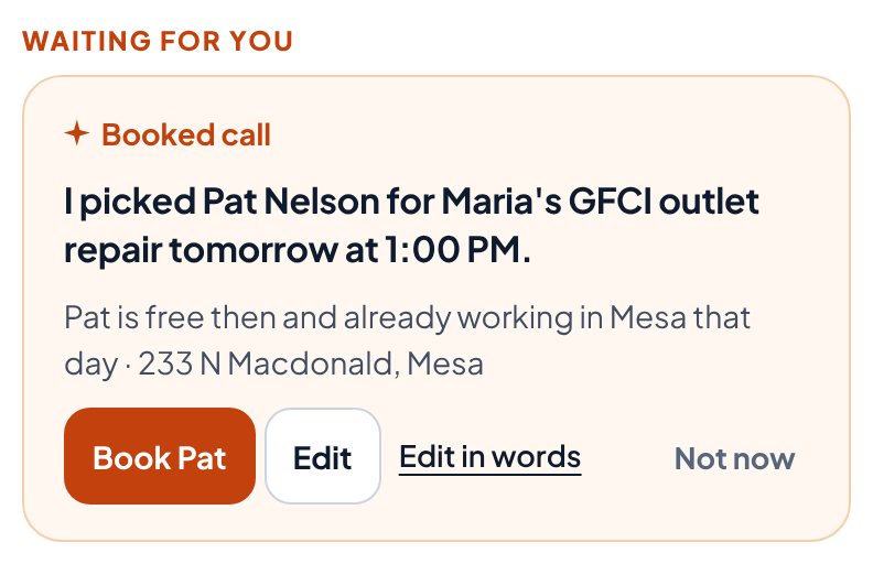 Ava's pick in the Aestar app: Pat Nelson for Maria's GFCI outlet repair tomorrow at 1:00 PM, because he's free then and already working in Mesa that day, with Book Pat and Edit. Example shop.
