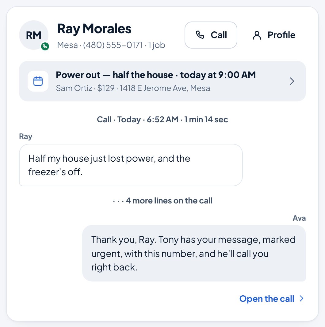 A message Ava took, in the Aestar app: Ray Morales lost power to half his house at 6:52 AM. Ava marked it urgent for Tony, and the job is on Sam Ortiz's schedule at 9:00 AM, with a button to call Ray. Example shop.