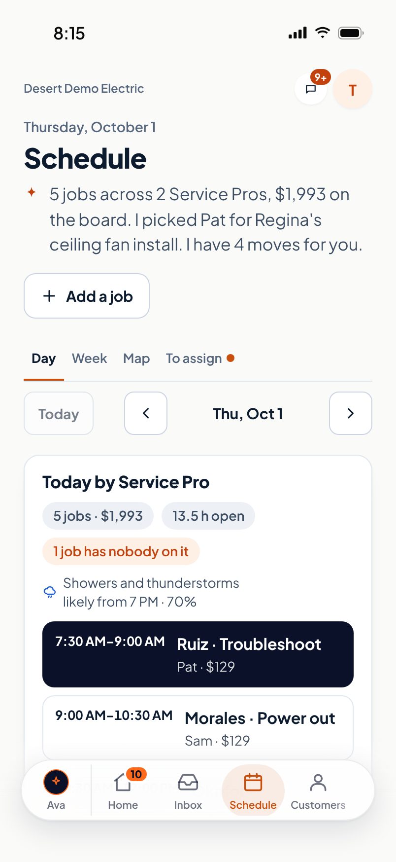 The Schedule in the Aestar app on an iPhone: 5 jobs across 2 Service Pros, $1,993 on the board, and today by Service Pro, starting with Pat at Dan Ruiz's at 7:30. Example shop.