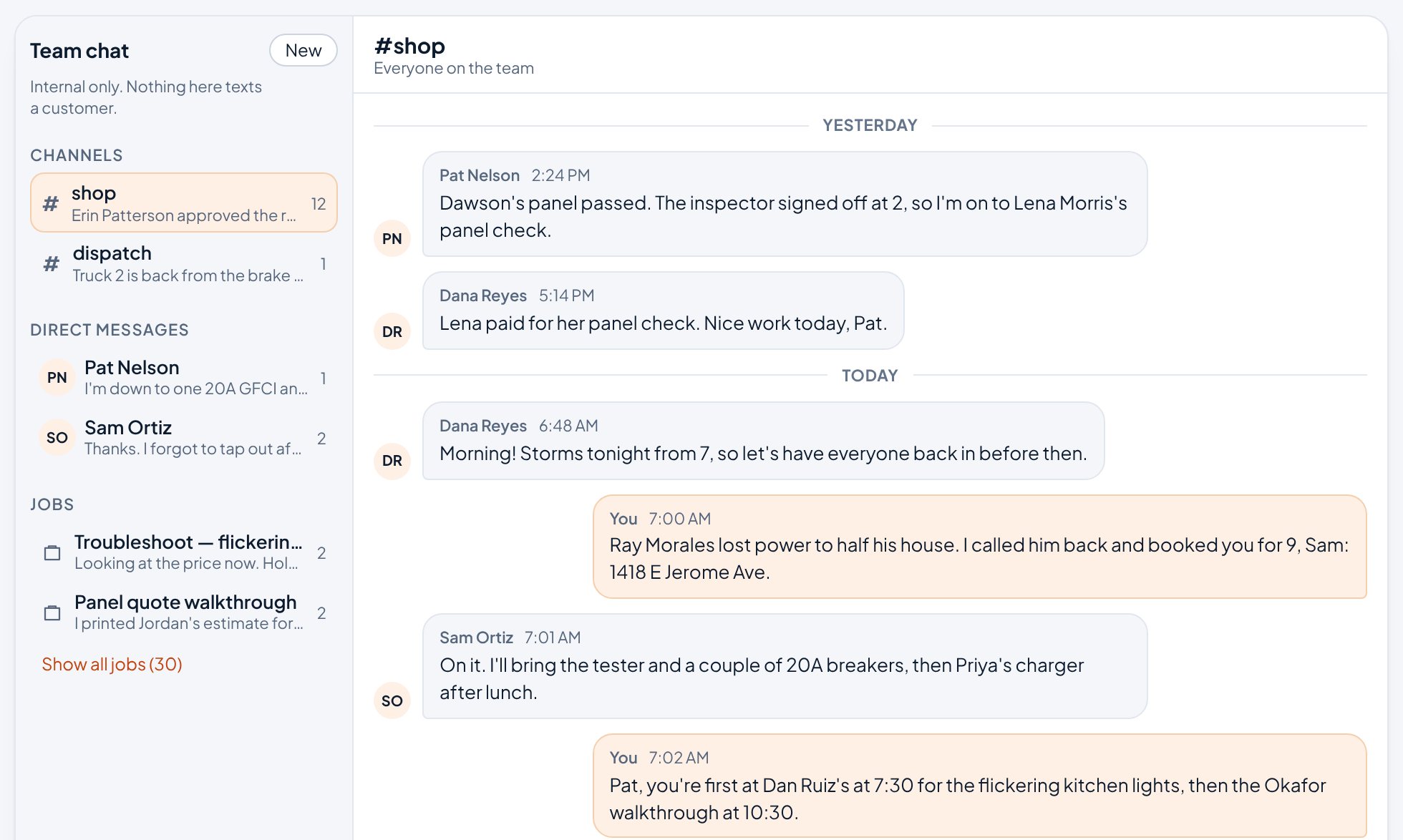 Team chat in the Aestar app: the #shop channel, where you tell Sam about Ray Morales's 9:00 and Pat about his morning, beside a dispatch channel, direct messages with Pat and Sam, and a thread for each job. Example shop.
