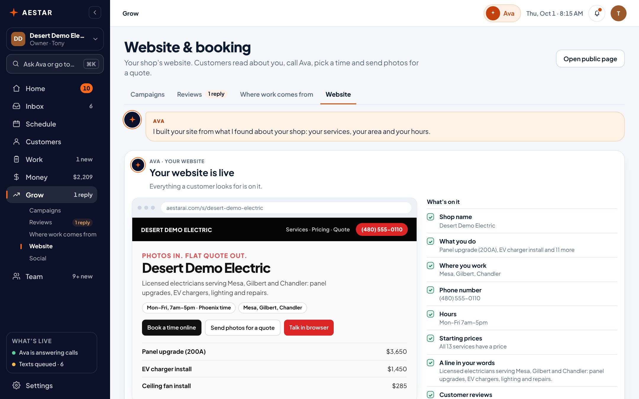 The Aestar app on a computer: Website & booking. Ava built the shop's site from what she found, and it's live: a preview of the page with its services, hours, area and starting prices, beside a list of what's on it, each ticked. Example shop.